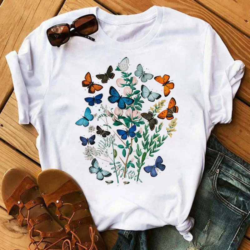 Women Flower Butterfly Fashion Print T Shirt Casual Short Sleeve Ladies T Tee Female Top Shirt Clothes Womens Graphic T-shirt