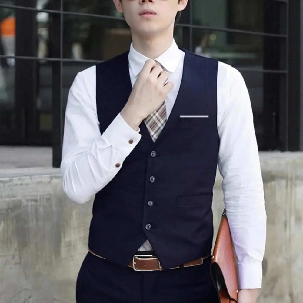 Business Men Suit Vest 4 Buttons V-Neck Sleeveless Waistcoat Slim Fit Working Wedding Vest