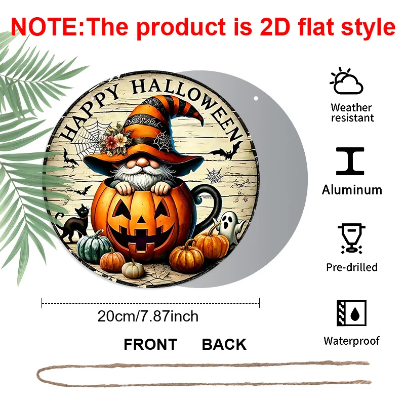 2D Flat, 1pc Joyful Halloween Aluminum Round Sign, Gnome Pumpkin Cup Happy Halloween Print, Rustic Style Metal Door Wall