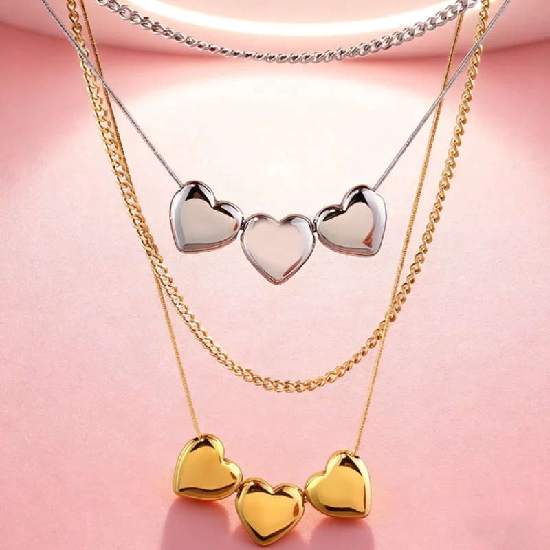 Trendy Geometric Layered Love‑Heart Pendant Collarbone Chain Necklace for Women, Double‑Layer Stackable Fashion Neck Jewelry, Stylish Daily Party Wear Gift for Her