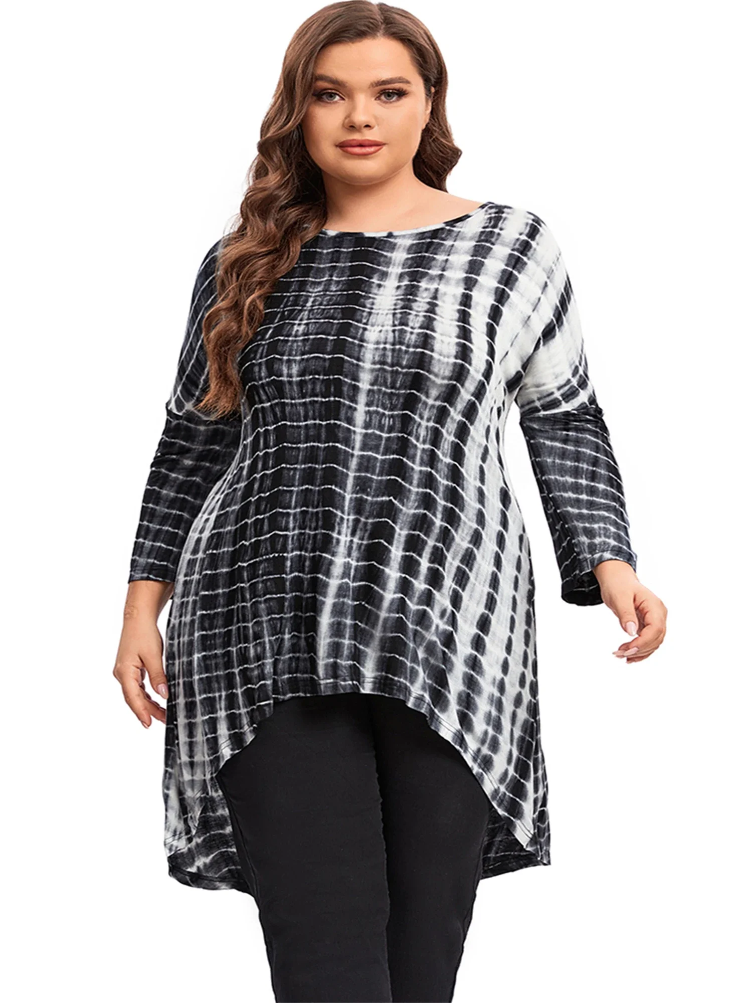 Plus Size Long Sleeve Elegant Spring Autumn Tie Dye Tops Women Long Fit Flare Hi Low Swing Blouse T Shirt Large Size Tunic 7XL