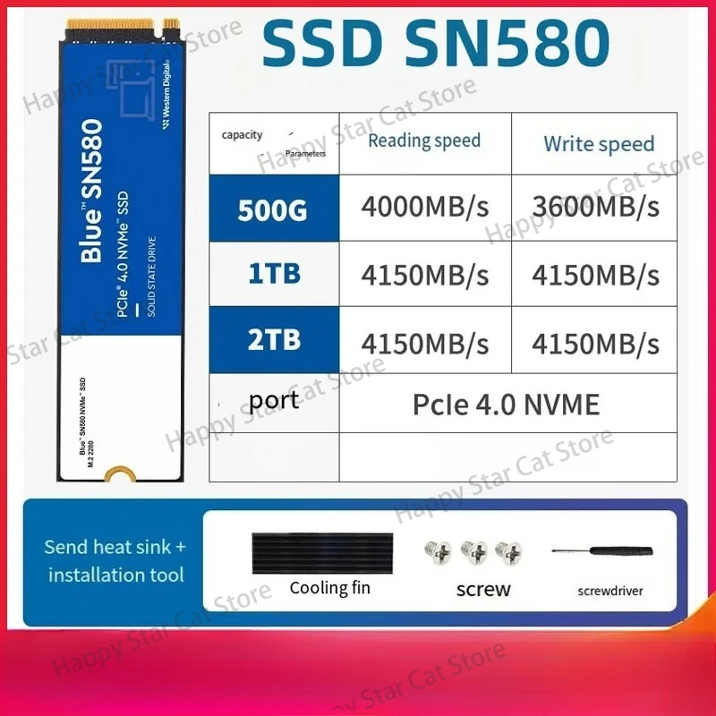 Original FOR WD SSD SN580 NVMe Blue 2TB 1TB 500GB PCIe 4.0 * 4 M.2 2280 Internal Solid State Drive For Laptops PC