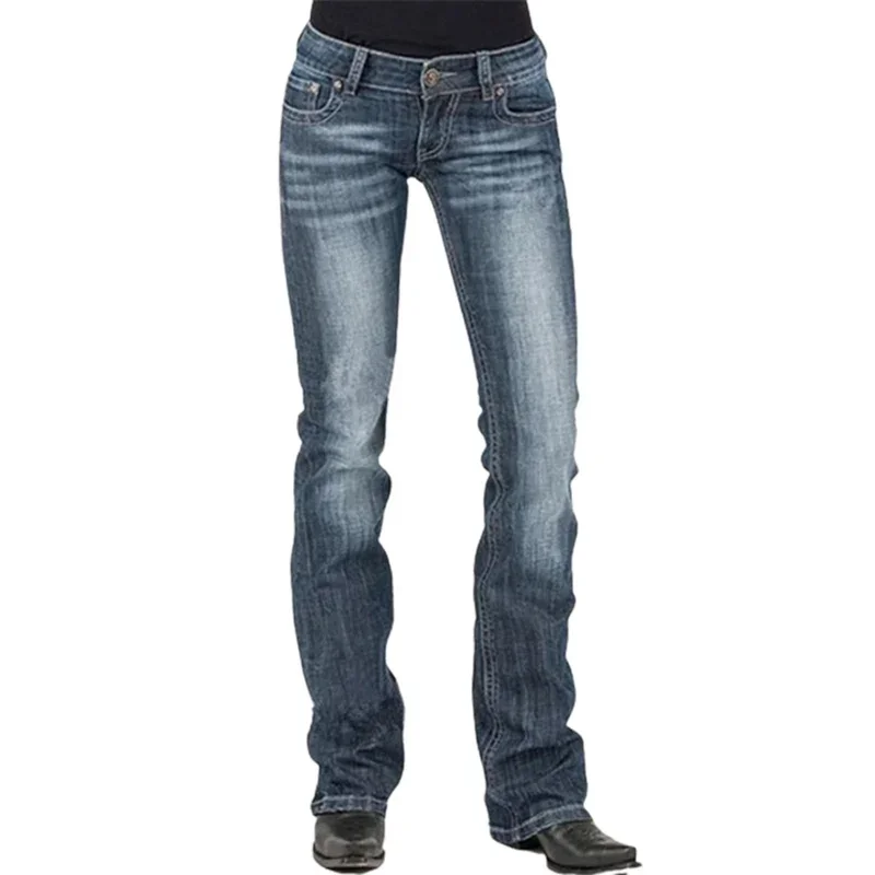 

Low-waisted Women Flared Jeans Fashion Vintage Whitish Blue Washable Denim Pants Slim Fit Trousers Female Chic Casual Streetwear