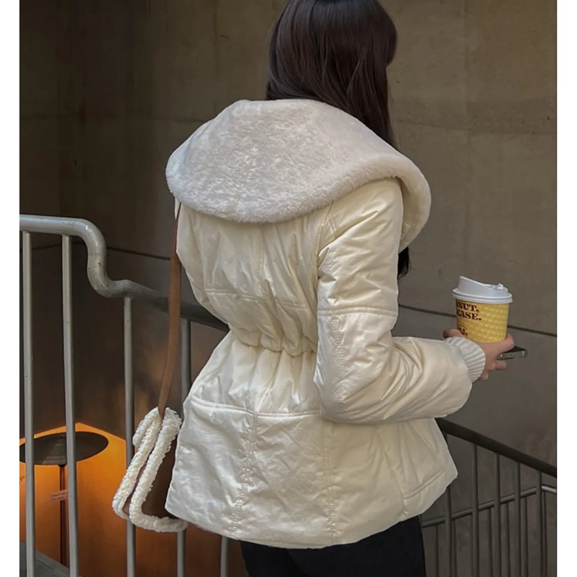 Dames katoenen Jaet bovenkleding Koreaanse Sle Chic herfst winter losse casual anti-aging grote kraag bont top