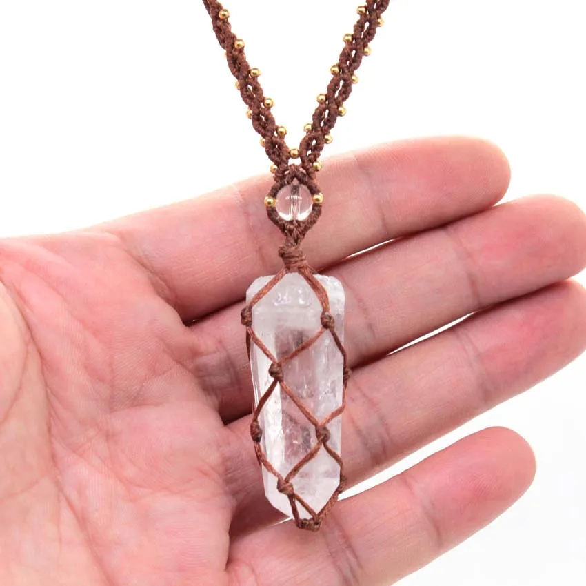 Crystal Quartz Macrame Braided Stone Pendant Necklace For Women Natural Irregular Rock Crystal Handmade Rope Wrapped Weave Chain