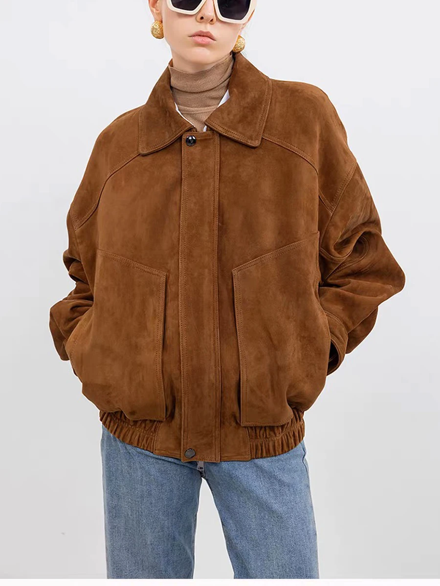 Retro High End Imported Soft Suede Leather Bomber Jacket Woman Square  Sleeve Big Pocket 100% Kid Suede Coat Top