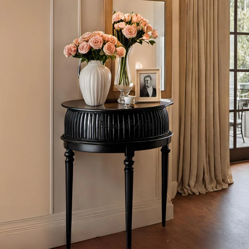 

French solid wood entrance cabinet, semi-round table, black medieval entrance table, entrance hall