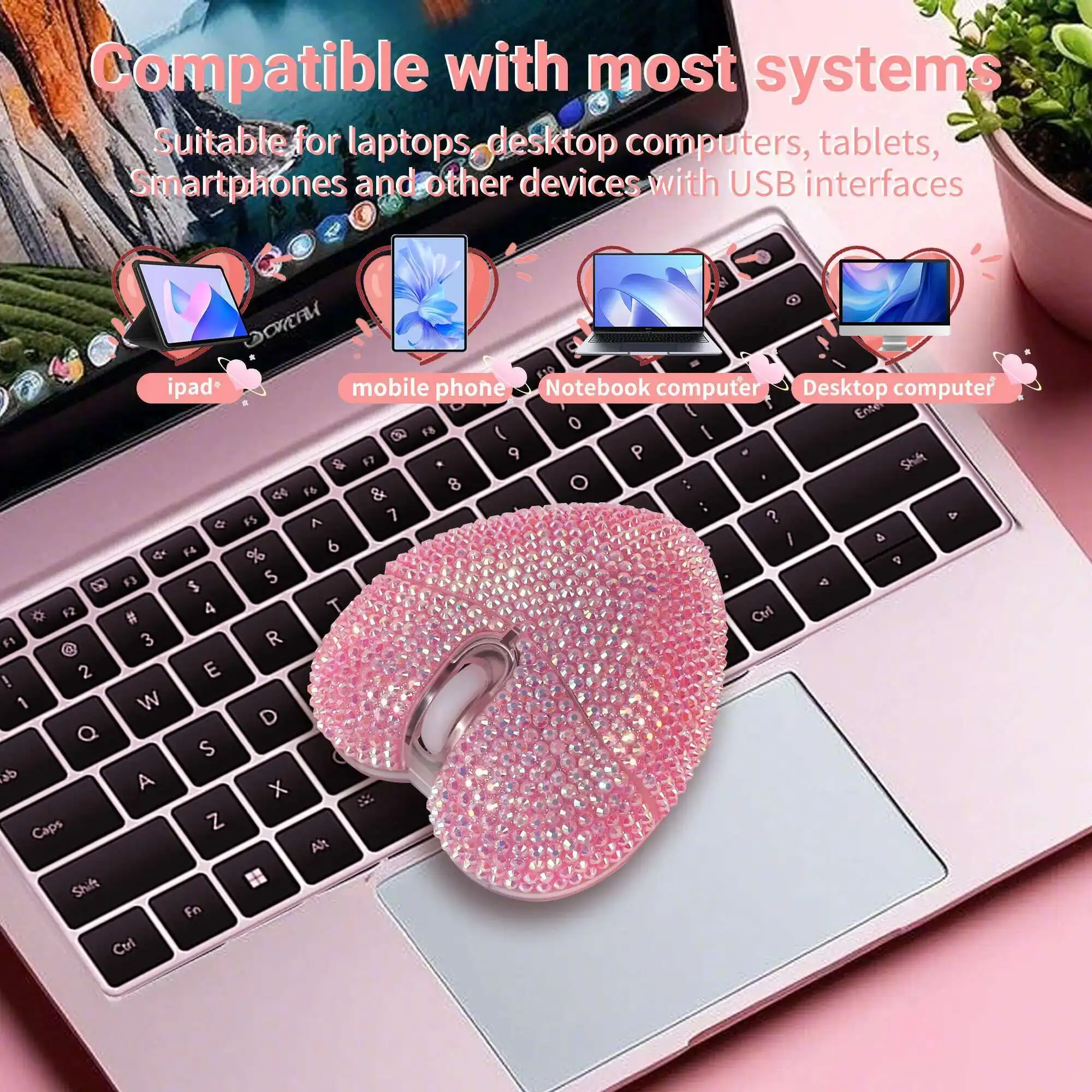 2.4G/Bluetooth Love Mouse Shining Diamond Creative Design Three Level DPI Adjustment Plug And Play Office And Learning Mouse