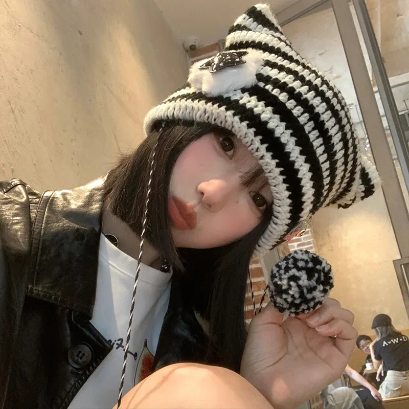 Y2K Beanie Hat Ins Devil Ear Striped Knitted Wool Cap Autumn Winter Kpop Crochet Kawaii Cat Ears Pointed Pullover Czapki damskie