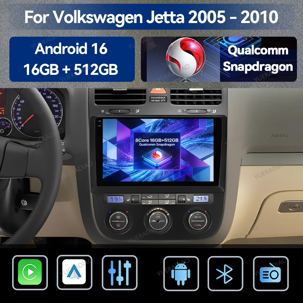 Android 16 Car Radio For Volkswagen Jetta 5 2005 2006 2007 - 2010 Qualcomm 2DIN Multimedia Stereo Video Player GPS NAVI BT QLED