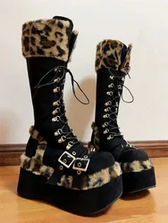 Womens Leopard Fur Knee Thigh High Boots Platform Rivet Belt Buckle Lace Up Chunky Heel Punk Shoes Japanese Harajuku