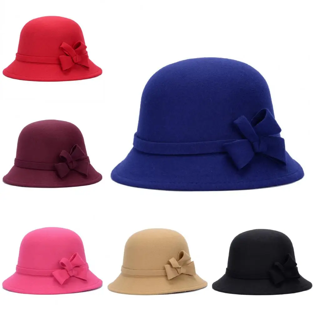 

Faux Wool Felt Bucket Hat for Women Wide Brim Cloche Bowler Hat Wedding Church Bucket Cap Elegant Floppy Hat Casual Fedoras