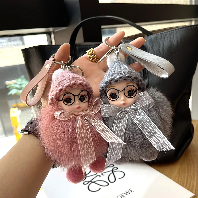 Cute Big Eyed Doll Pompom Keychain Real Fox Fur Bag Charm for Women Bag Key Ring Fine Jewelry Accessories Kids Girl Gift