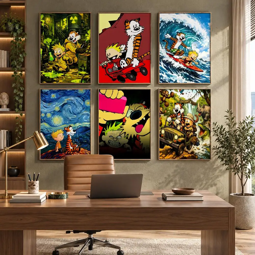 Calvin and Hobbes 80s 90s Comic Classic Poster Self-Adhesive PP Paper HD Wall Decal for Study Living Room Garage DIY Gift