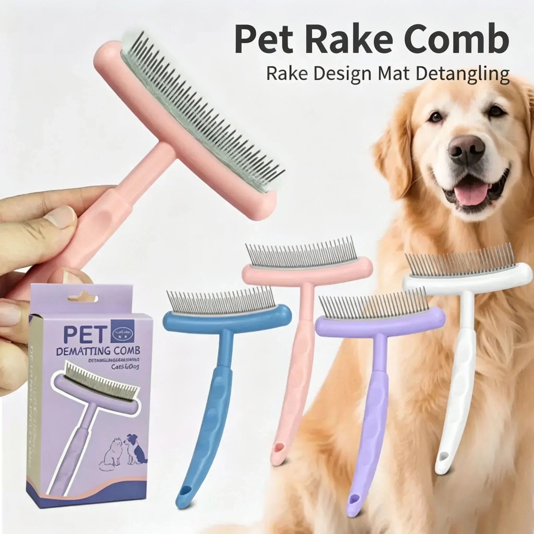 Pet Dematting Rake Comb Stainless Steel Round Tip Metal Needle Grooming Brush Remove Tangles Floating Hair Massage Skin Anti-Sli