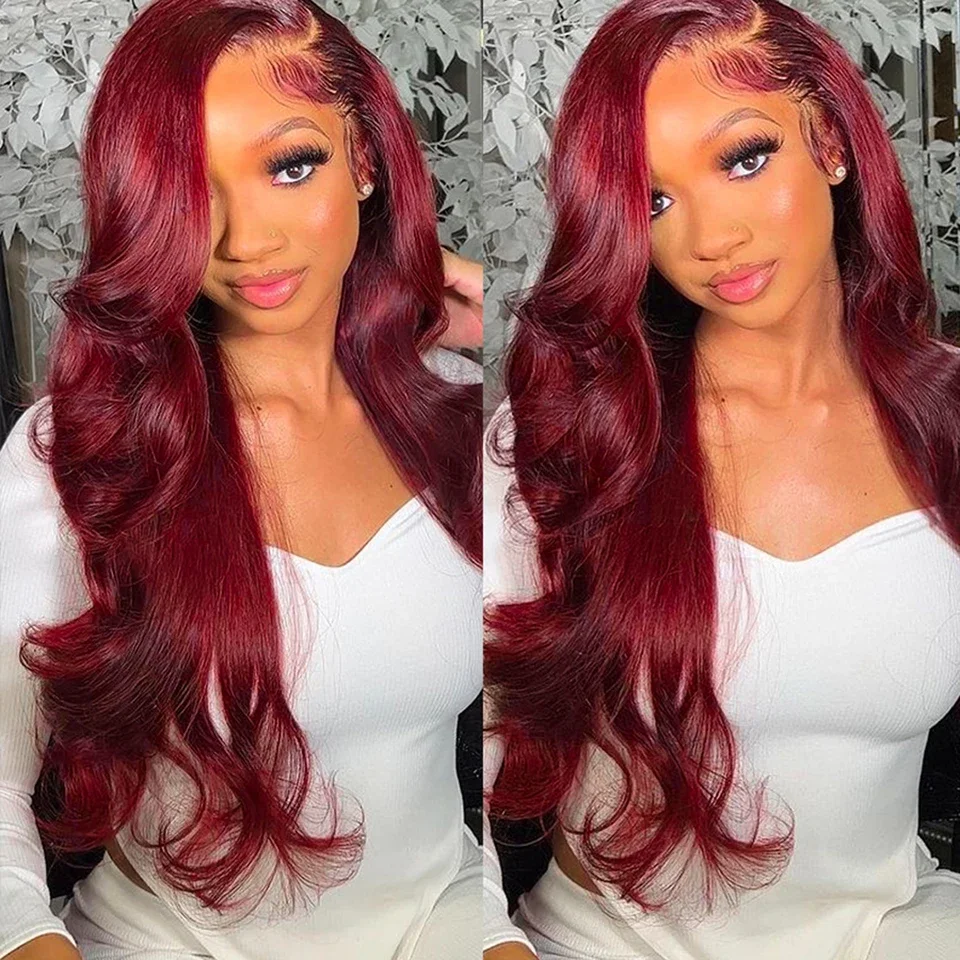 99J Red Lace Front Human Hair Wigs Burgundy Colored Loose Body Wave Wig Glueless 13x6 HD Transparent Lace Frontal Wig 30 40 Inch