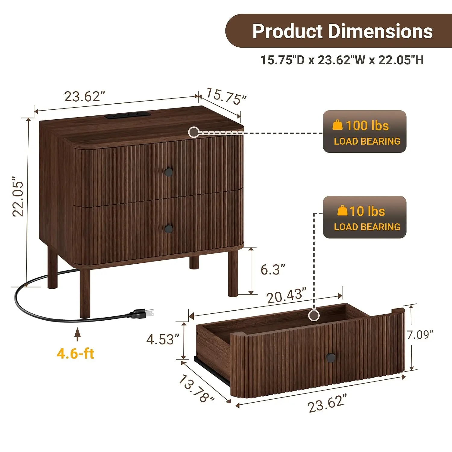 Fluted Nightstand Set of 2 with Charging & Rounded Drawer Fronts, Customized