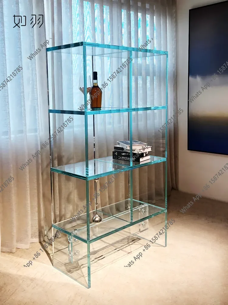 05 Italian Minimalist Floor-to-ceiling Glass Bookshelf Multi-layer Shelf Household Living Room Study Double-layer Glass Bogu She