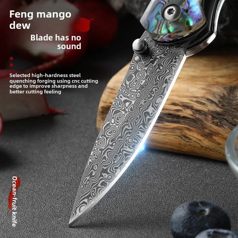 High hardness Damascus steel folding knife fixed blade pattern VG10 color shell resin handle sharp outdoor folding fruit knife