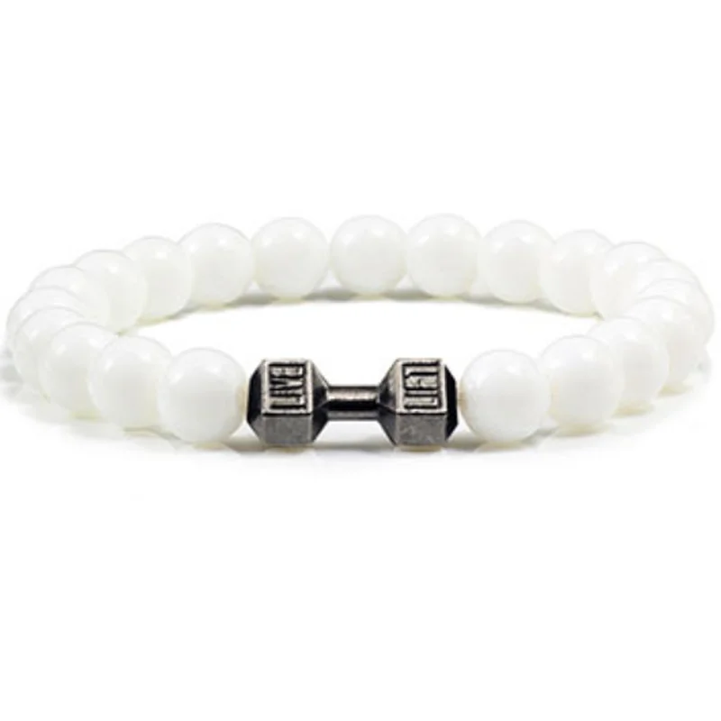 2pcs/Set Natural Stone Dumbbell Beaded Bracelet Black Beads Fitness Fit Life Prayer Bracelets Bangles Barbell Men Jewelry image 5