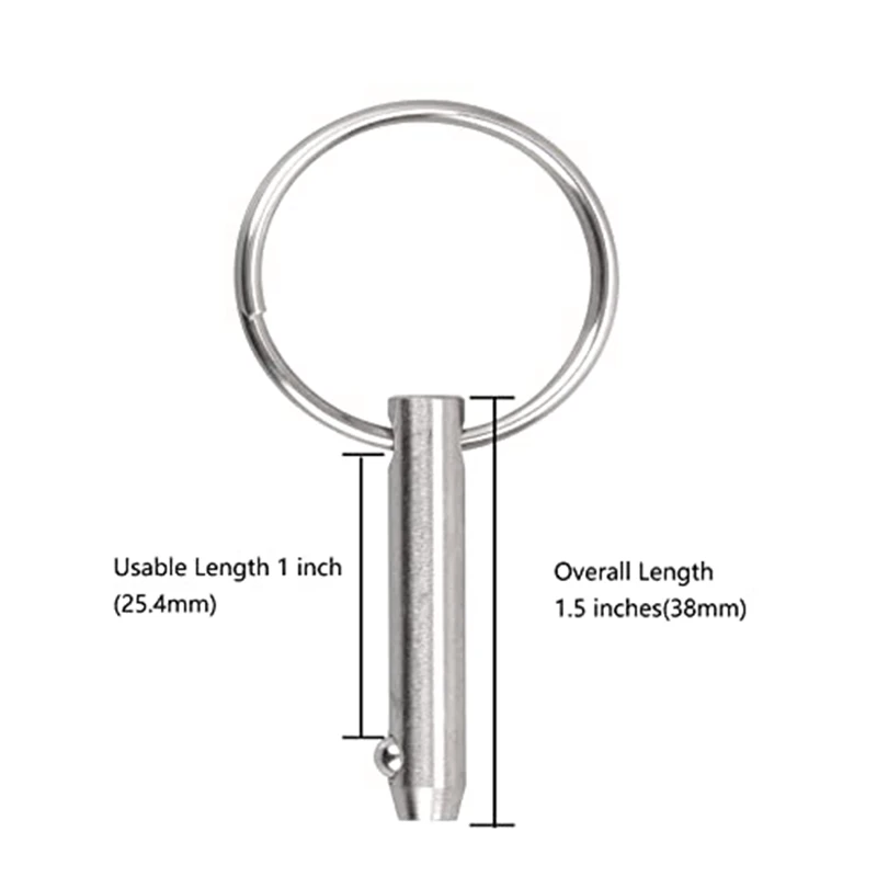 Marine Quick Release Pins Bimini Top Pins, Diameter 1/4In(6.3Mm), Overall Length1.5In(38Mm), Usable Length(25.4Mm)