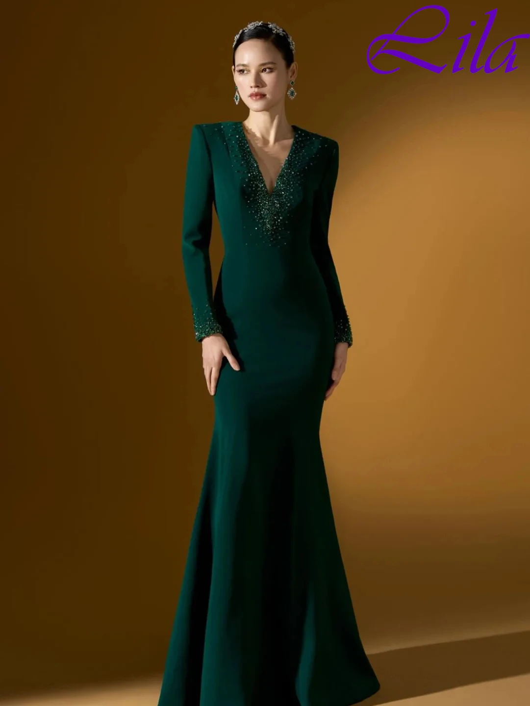 

Customized Mermaid V-Neck Long Sleeves Formal Elegant Evening Dress Delicate Bespoke Occasion Gowns Fashion Celebrity Gowns