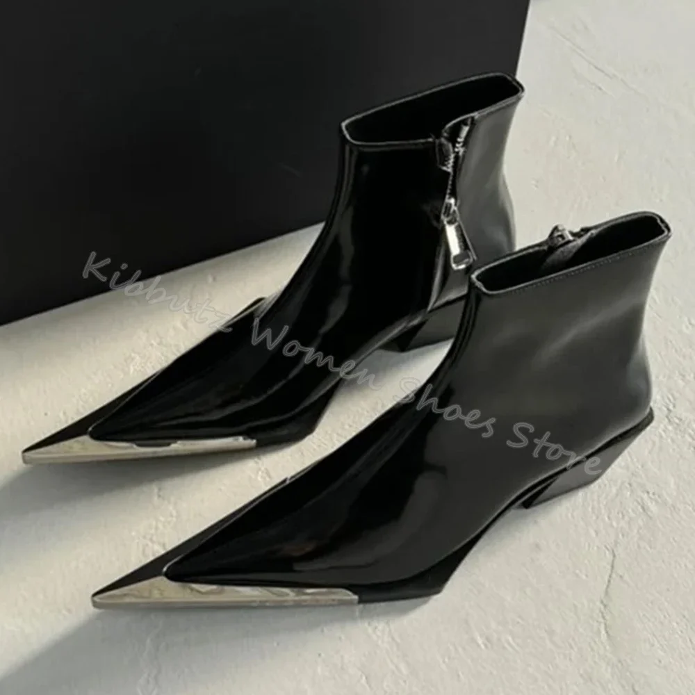 

Metal Decor Ankle Motorcycle Boot Novelty Leather Luxury Novelty Fashion Concise Shoes Pointed Toe Chunky Heels Side Zipper New