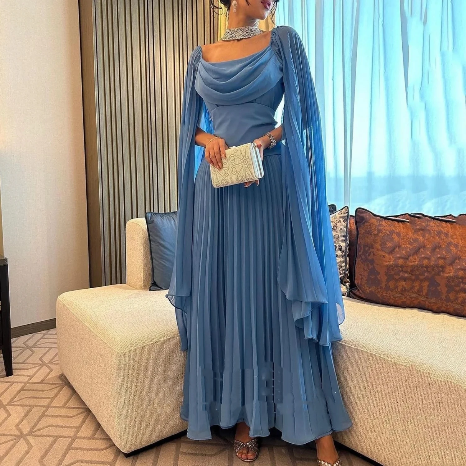 

Romantic Blue Chiffon Square Collar Prom Dress Long Sleeves Pleated Party Gowns A-Line Pleated Ankle-Length Party Dress 2024