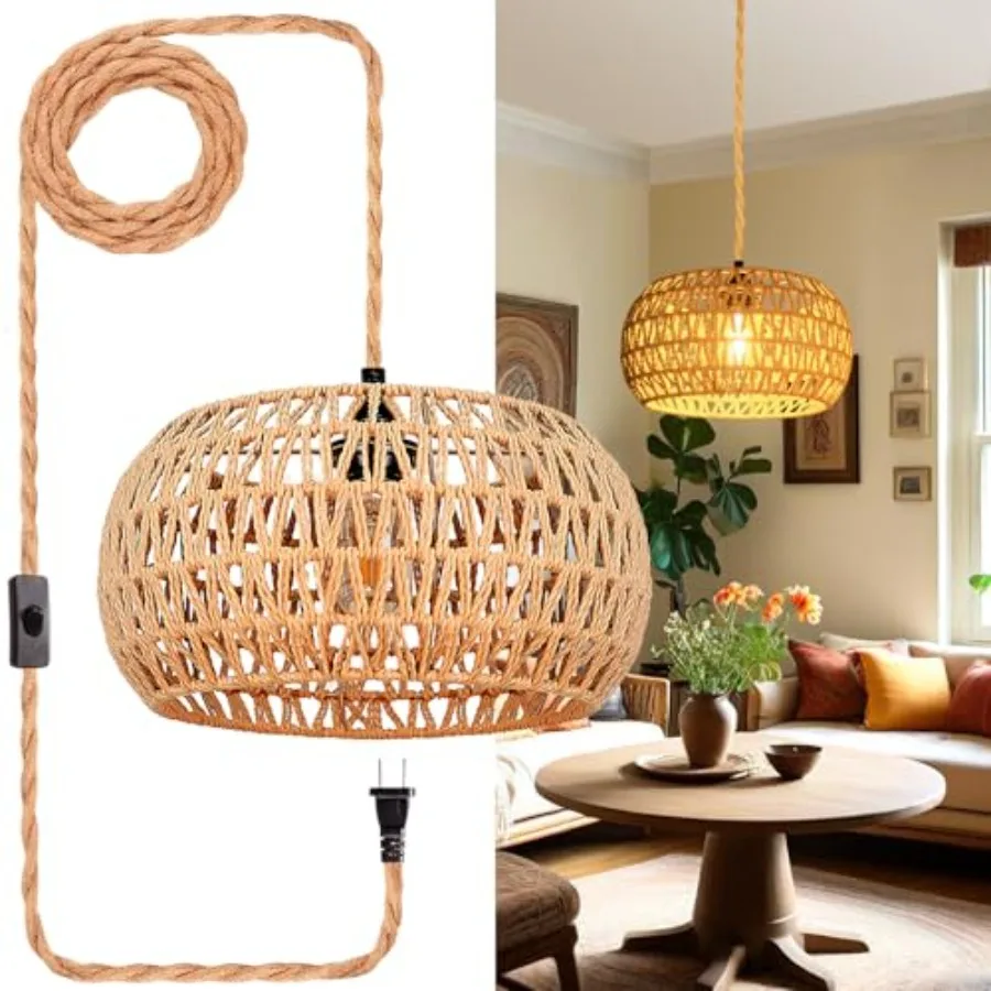 

Hanging Lights with Plug in Cord Rattan Hanging Lamp Boho Ceiling Light Fixtures Farmhouse Pendant Lamp Shape for Living Room B