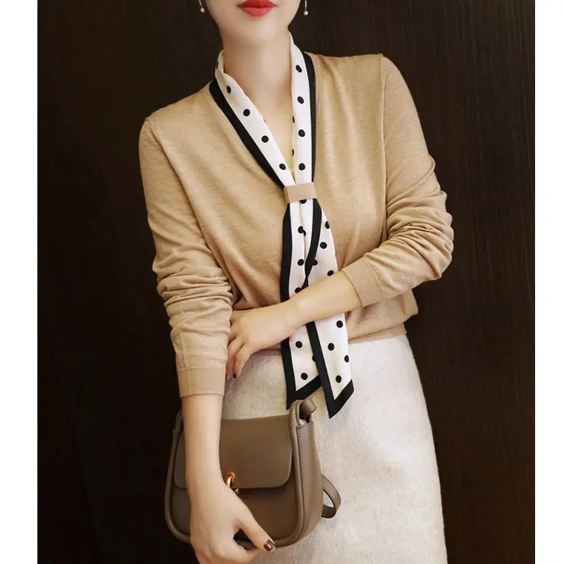 Spring Autumn New V-neck Long Sleeve Sweater Women Solid Color Patchwork Lacing Pullovers Elegant Comfortable Knitting Chic Top