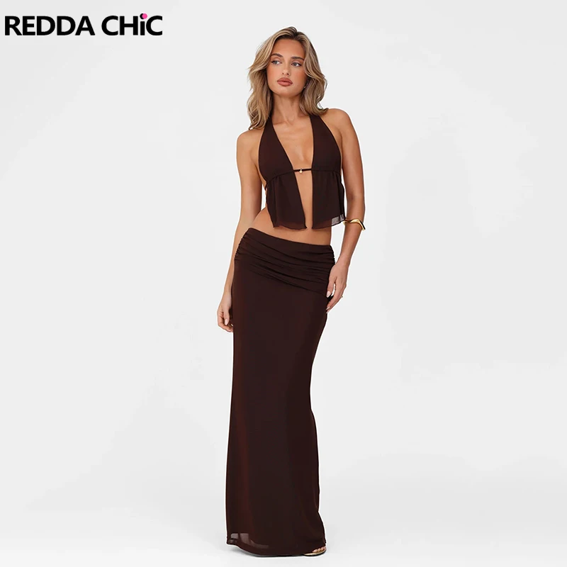 

REDDACHiC Женский комплект: топ-халтер и юбка. Сексуальный комплект для отпуска: топ-камизоль с V-образным вырезом и бретелями, без спинки, и длинная облегающая юбка макси с драпировкой. Сексуальный наряд.