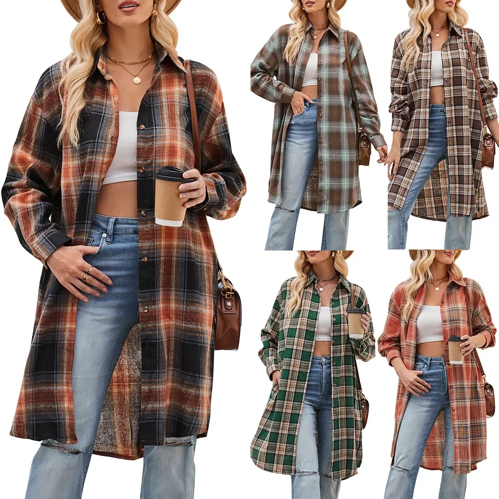 

2025 Women Spring Autumn Long Shirt Female Casual Loose Windbreaker Plaid Shirt Women's Trench Coat Classic Retro Style Clothes