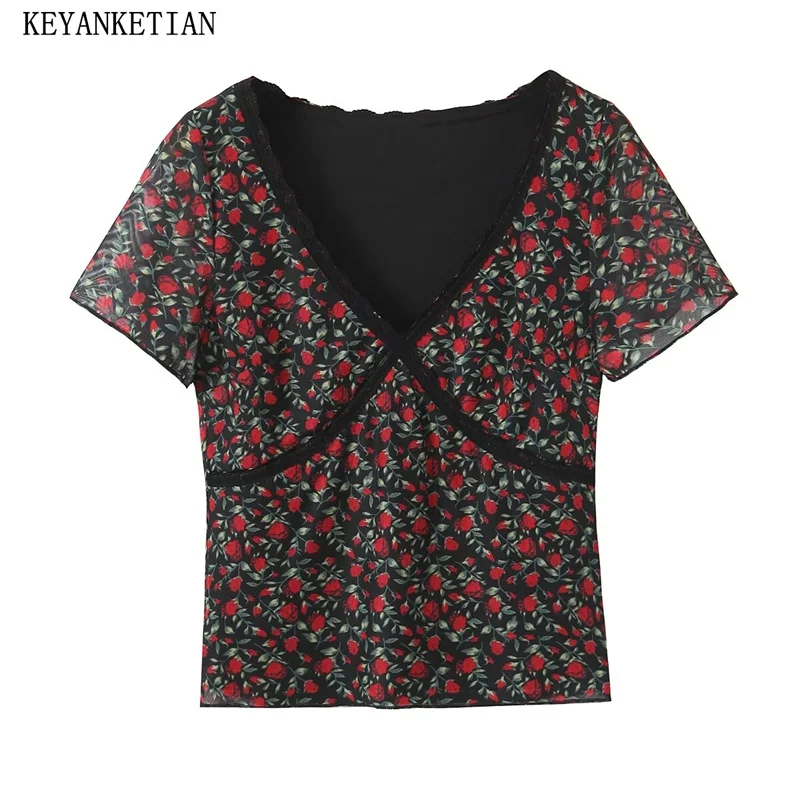 

KEYANKETIAN 2024 New Launch Women's Rose Print Short Sleeve Mesh Top Summer Pastoral style Lace Decoration Sheath Pullover Tees