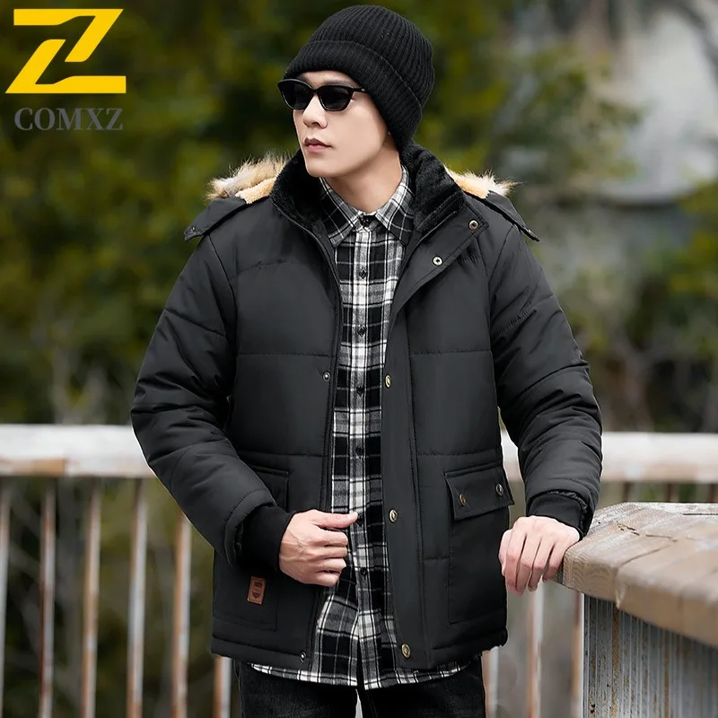 

Men Winter Hooded Parka with Fur Trim Thickened Fleece Lining Waterproof Windproof Loose Fit Thermal Coat Outdoor Casual Jacket