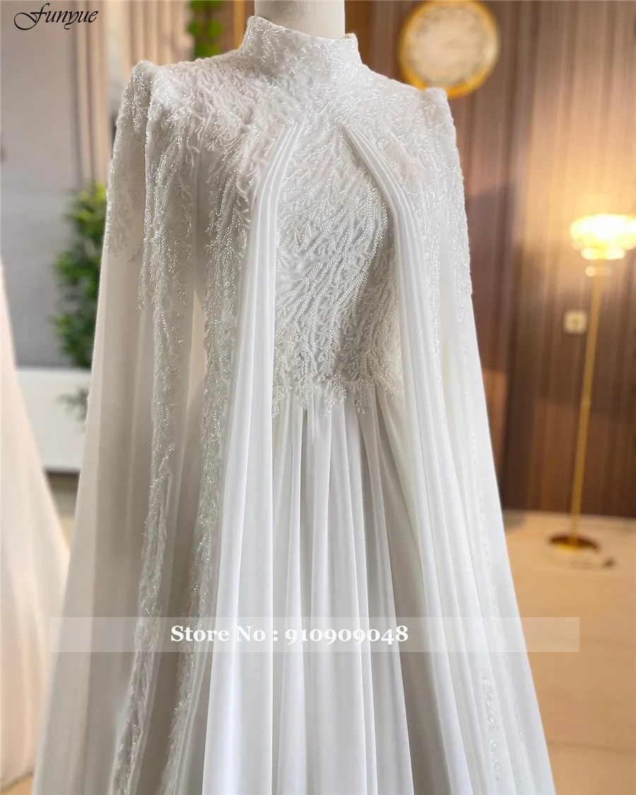 Funyue Luxury Long Sleeves Muslim A-Line Wedding Dress 2026 Beaded Chiffon High Neck Arabic Bride Gowns with Cape Robe De Mariée