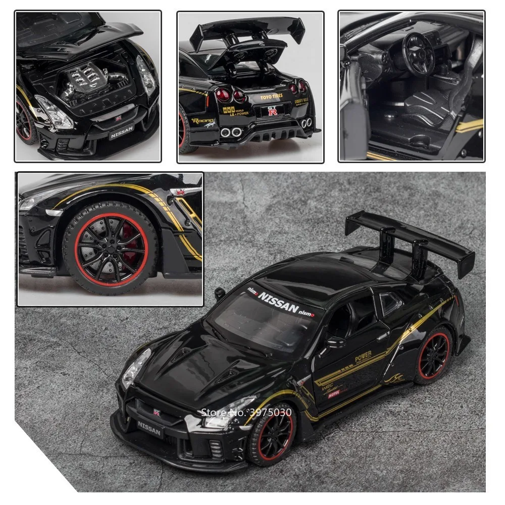 1/32 Skala Nissan GTR R35 Alloy Diecast Toy Car Models Light Music Wheel Pull Back Pojazd Samochody sportowe Chłopcy Dekoracja Prezenty