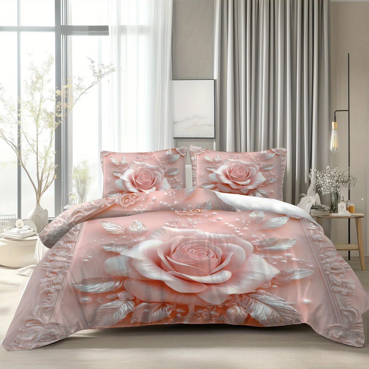 

Комплект пододеяльников с розовыми и серебряными листьями, элегантный дизайн, мягкое постельное белье, можно стирать в машине, декоративное одеяло для спальни, комплект