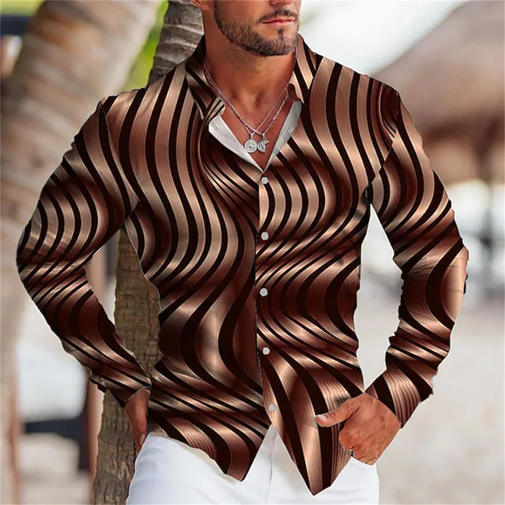 

New Men's Shirts In Summer Graphic 3D Printing Geometry Brown Long-sleeved Button Fashionable Designe Leisure And Comfort Tops