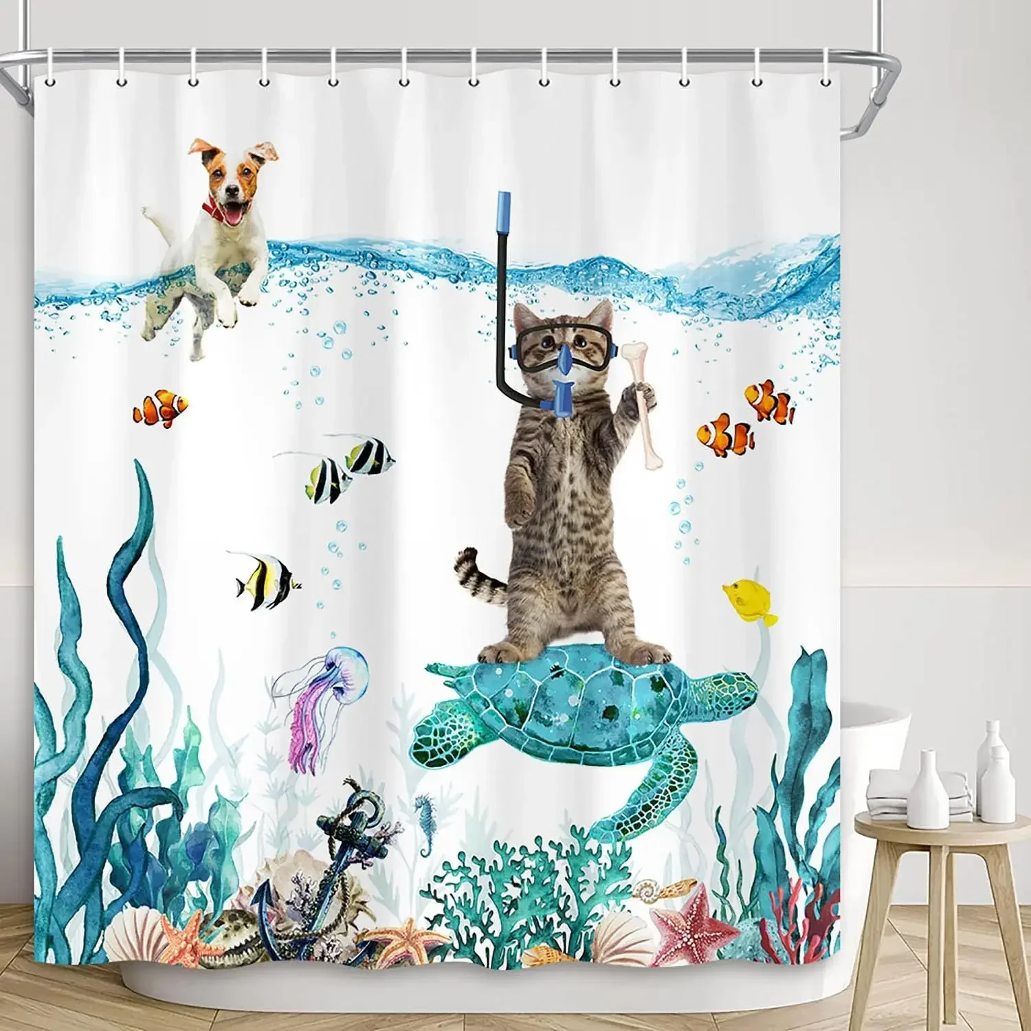 Funny Cat Shower Curtain, Dinosaur Cat Dog Animal Shark Funny Ocean Coral Goldfish Bathtub Bubbles Kids Cartoon Bathroom Decor