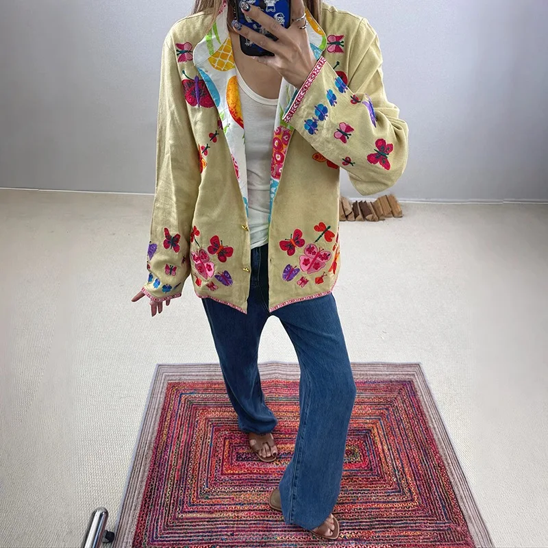 Chaqueta Vintage Bordada Paris Luna, Camisa de Lino Color Caqui con Diseño de Libélula, Prenda Exterior Corta de Corte Recto ...