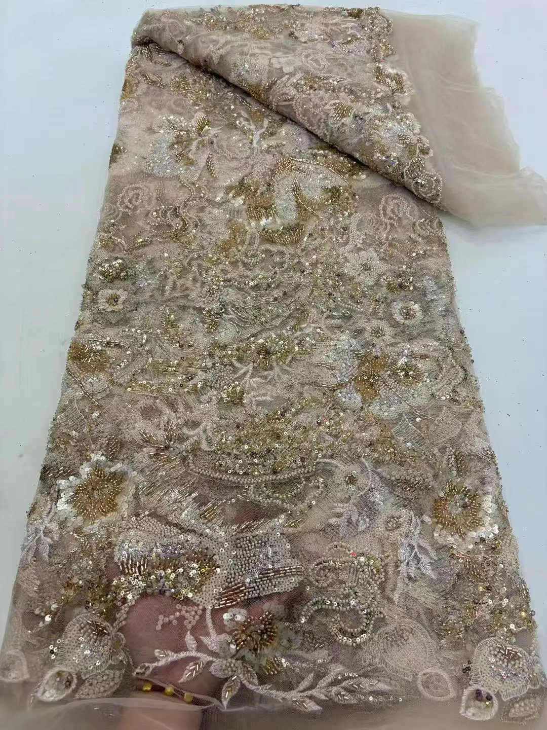 

African Beaded Groom Lace Fabric 2025 High Quality French Mesh Lace Fabric Sequins Nigerian Lace Fabrics For Wedding Dress Sew