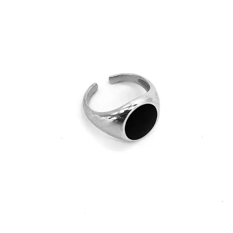 INS Style Simple Fashion Niche Design High-end  Ring Heavy-duty Dark Silver Color Imitate Black Gemstone Plane Open Ring Gifts