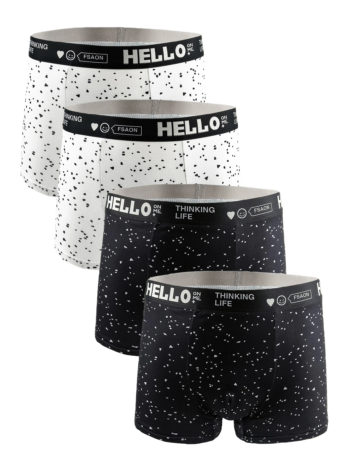 

Мужские трусы-боксеры из 4 предметов из полиэстера — пояс с принтом «HELLO», «THINKING LIFE» и милыми значками, стильный крапчатый узор