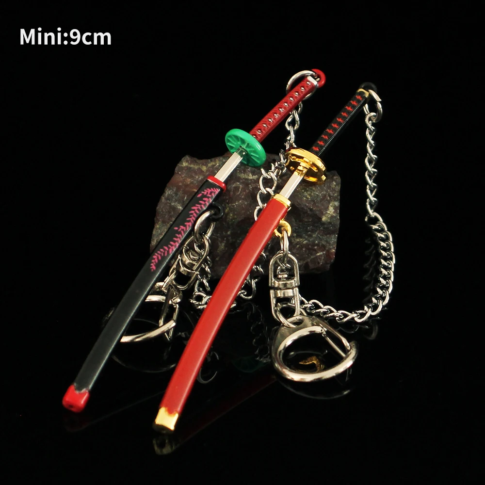 Mini Demon Slayer Zwaard Sleutelhanger 9Cm Kimetsu No Yaiba Cartoon Kamado Tanjirou Metalen Katana Sleutelhanger Cosplay Speelgoedwapens Model