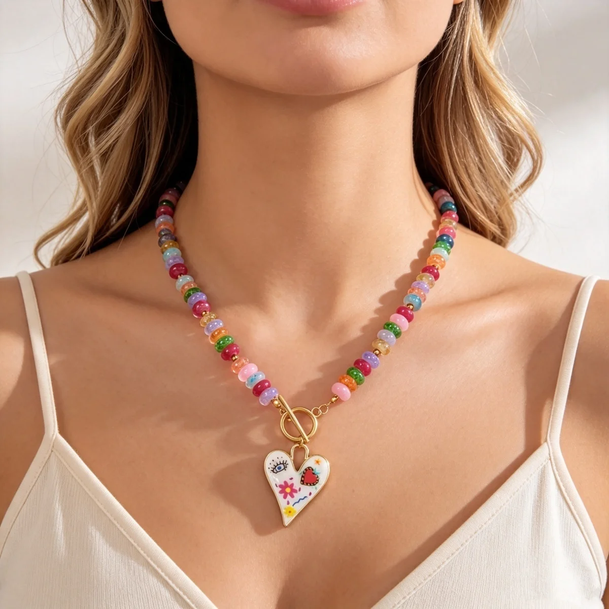 Dopamin Bunte Glas-Flachperlen Graffiti-Blumen-Herz-Anhänger Halskette für Frauen Männer Y2K Vintage OT-Schnallen-Choker Schmuck – Detail 6