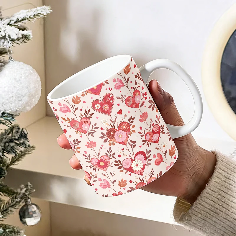 

1pcs Ceramic cup with full floral heart print and handle, creative coffee cup, insulated milk cup, office tea cup,fade-resistant