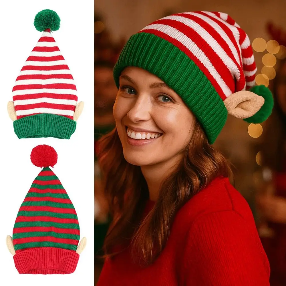 

Striped Pattern Christmas Hat with Small Ears Jacquard Wool Ball Xmas Cap Decoration Holiday Knitted Hat Winter