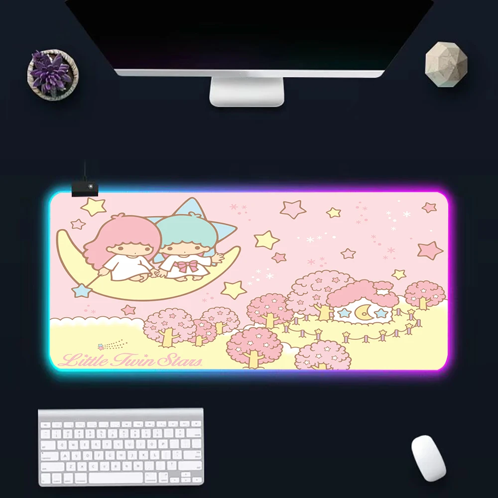 Cartoon Little Twin Stars RGB Pc Gamer Keyboard Mouse Pad Mousepad LED Glowing Mouse Mats Rubber Gaming Computer Mausepad