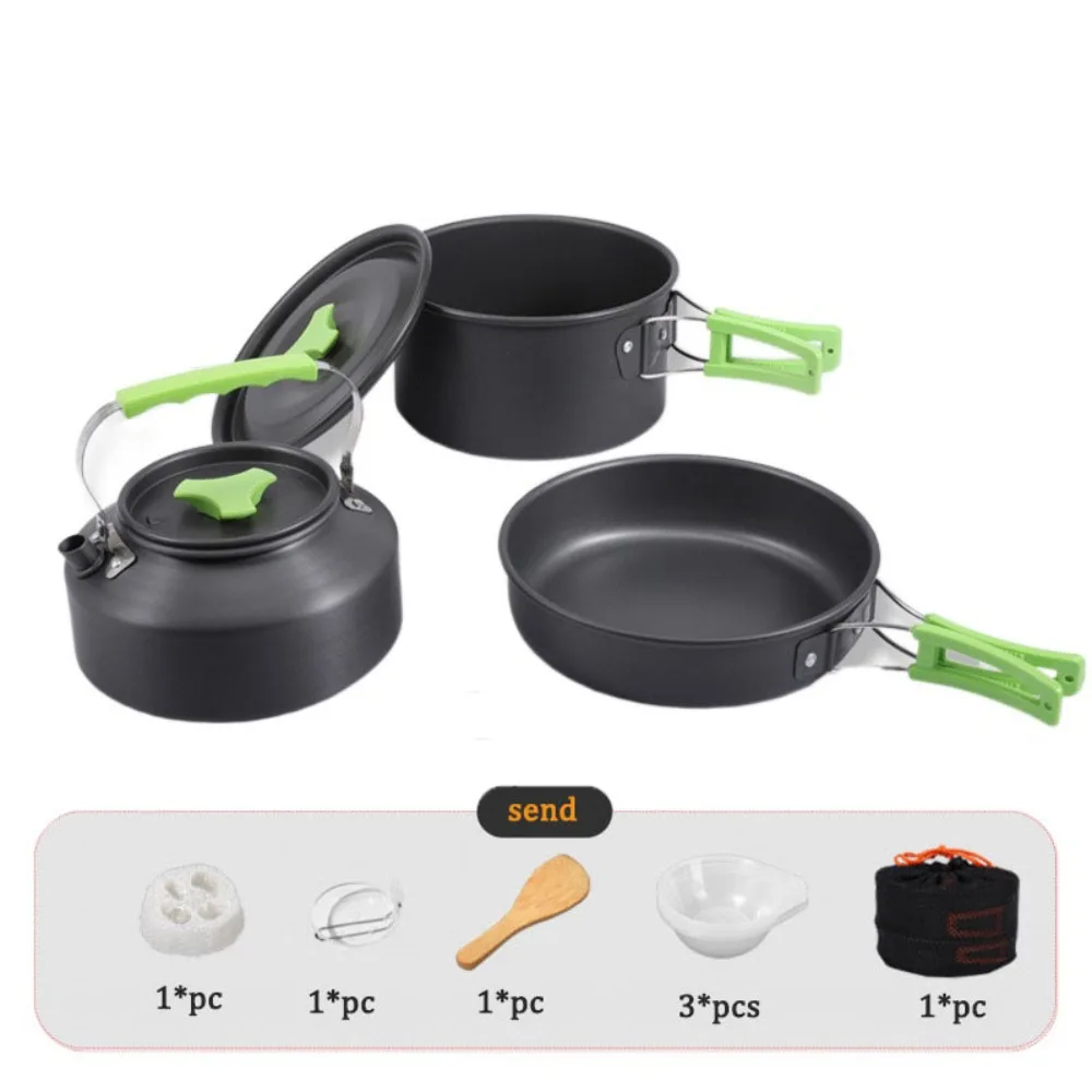 

Teapot Combination Camping Tableware Kettle Frying Pan Outdoor Cookware Set Reusable with Mesh Bag Picnic Pot Set Travel Outdoor