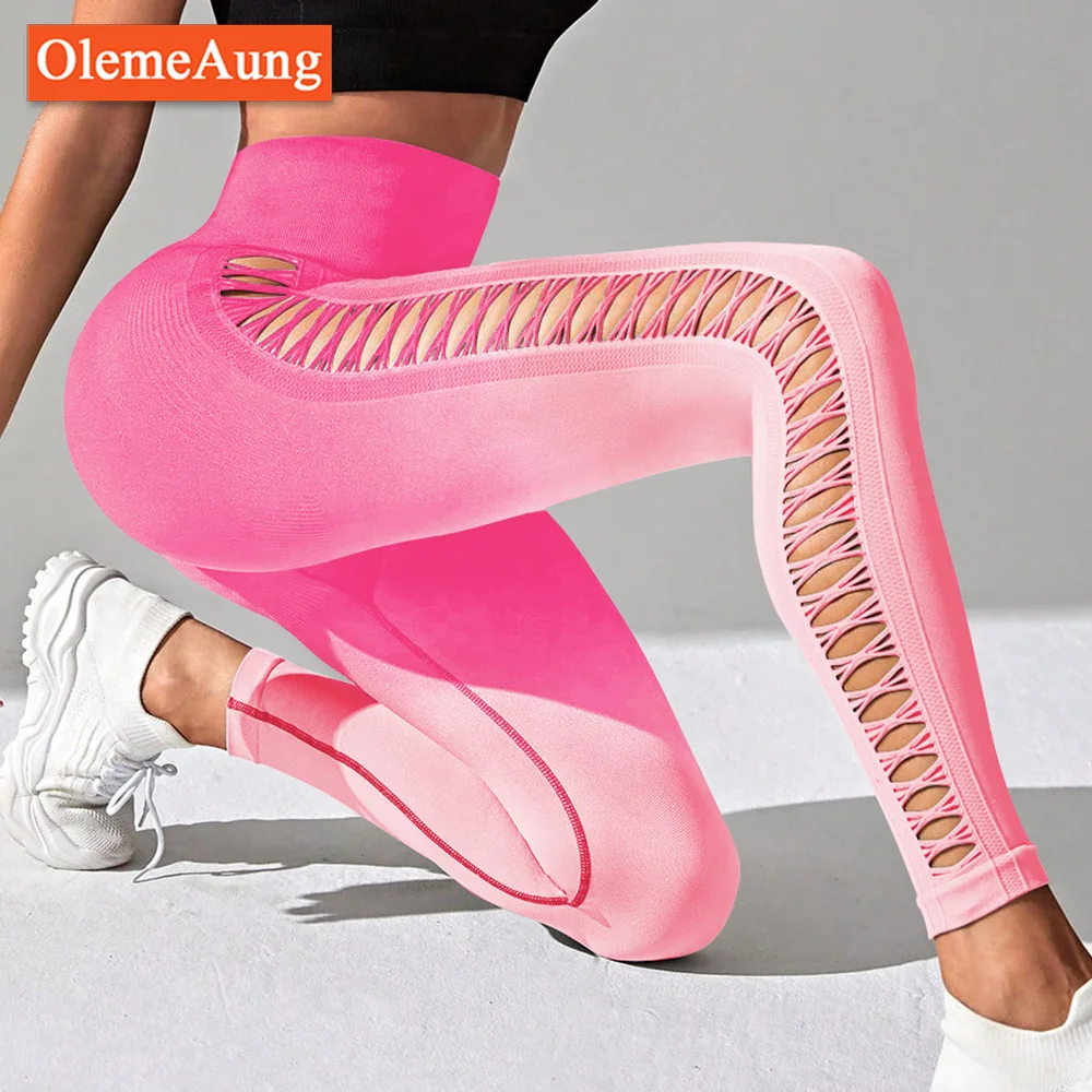 New Gradient High Waist Side Mesh Yoga Leggings Women\'s Running Fitness Hip Tight Sports Yoga Pants